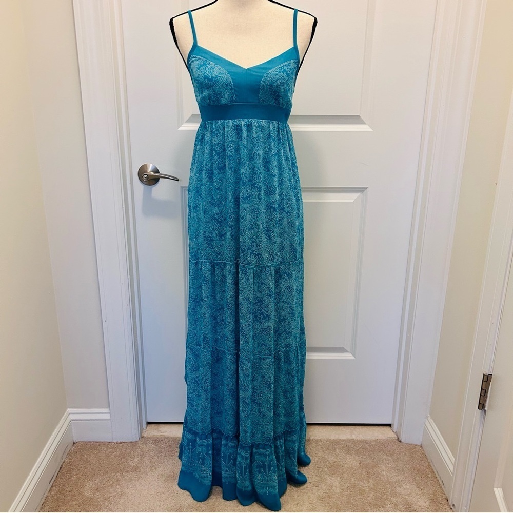 Guess Aqua Blue and White Paisley Sleeveless Spaghetti Strap Maxi Sundress SZ S - Picture 2 of 7